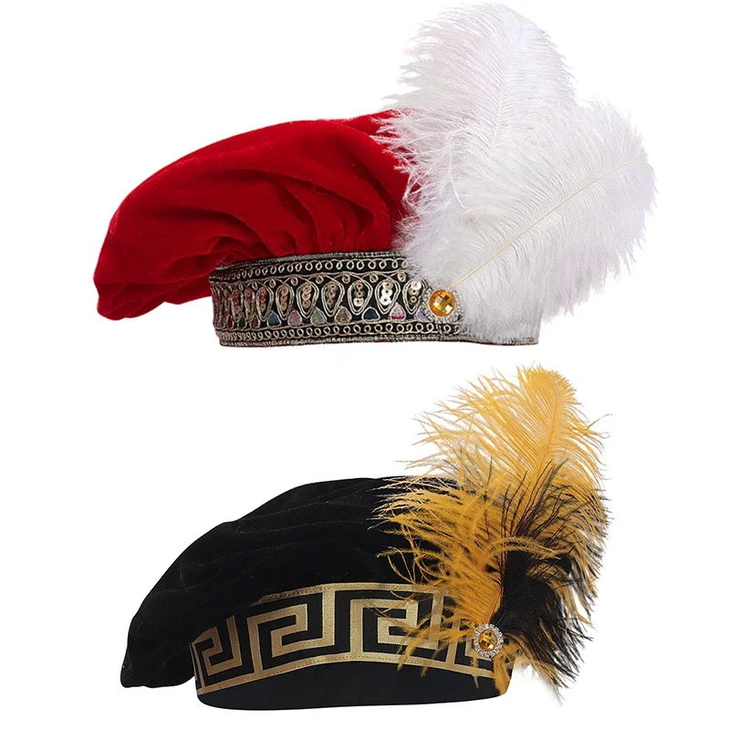 New 2026 Red Medieval Tudor Hat Men With Feather Renaissance Velvet Men's Puffed Caps Elizabeth Flat Hats Hat Circumference 59cm
