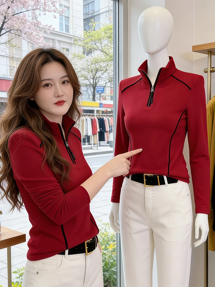 

Pure Cotton Long Sleeve Zipper Stand Collar Red T-Shirt Women's Fashionable Ageless Versatile Base Layer Top Spring Autumn