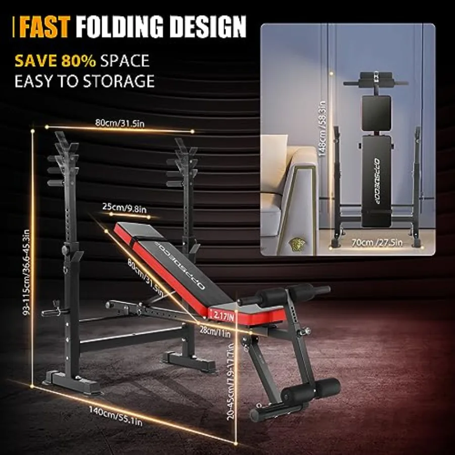 مجموعة مقاعد رفع الأثقال 6 في 1 مع رف القرفصاء لصالة الألعاب الرياضية المنزلية: محطة ضغط مقاعد البدلاء بسعة 600 رطل تتميز بجال الساق القابلة للإزالة