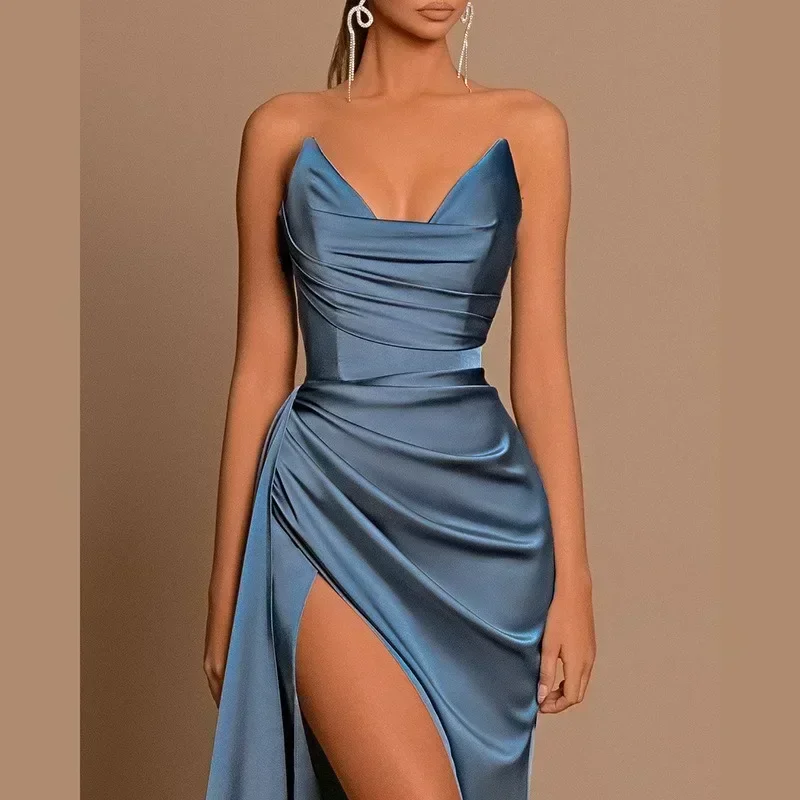 Customized Strapless Simple Elegant Evening Dresses Slim Waist Split Femininity Sexy Temperament Wedding Party Vestidos Slim Pro