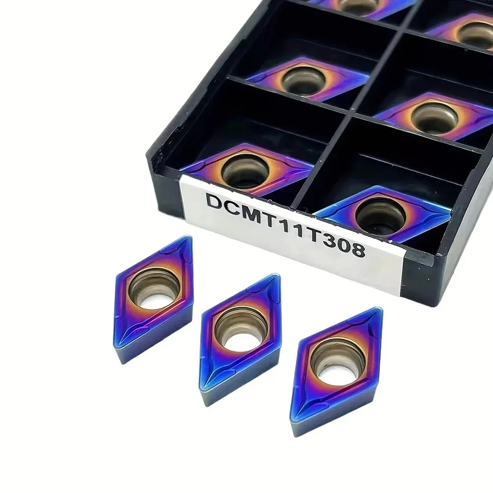 

10 шт. DCMT32.52 DCMT11T308 Твердосплавные вставки Вставка с нано-синим покрытием толщиной 0,43 дюйма, радиус 0,0314 дюйма, 7 ° Рельефный угол