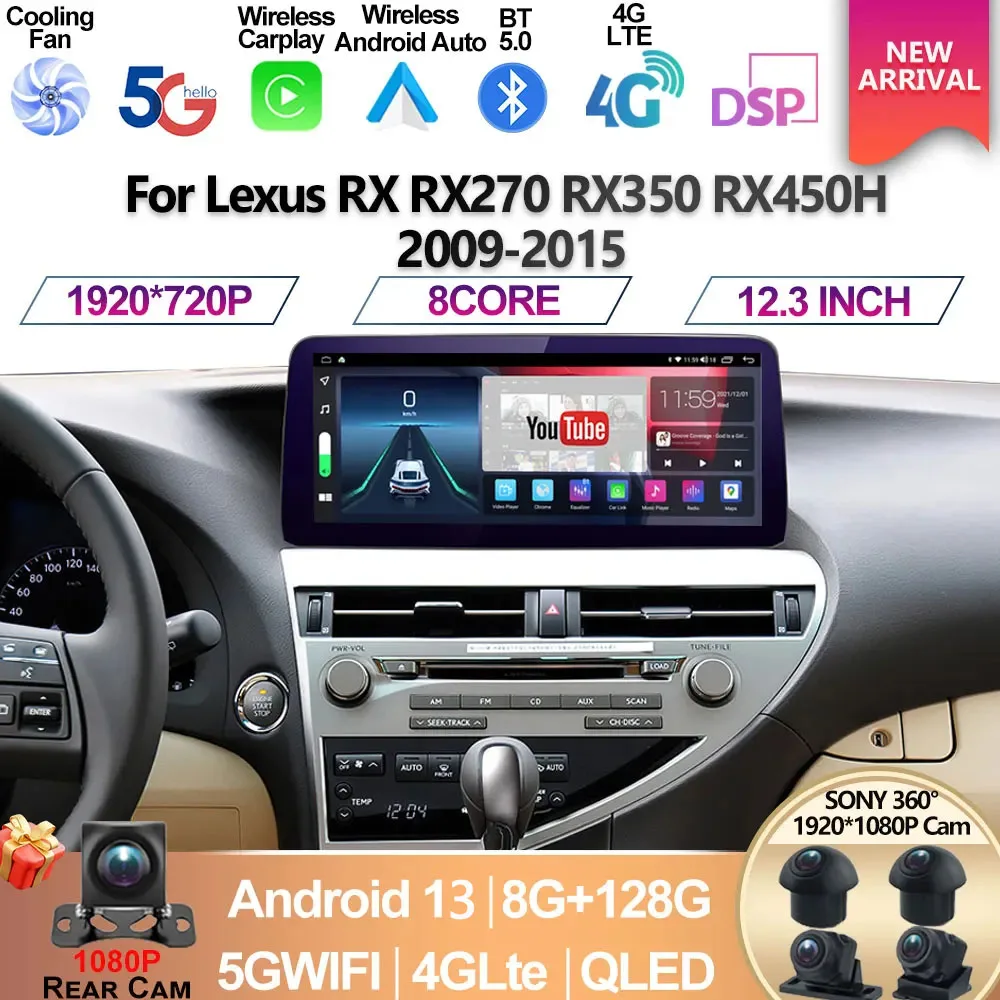 

For Lexus RX RX270 RX350 RX450H 2009 - 2015 Android 13 8+128G Car Radio Multimedia Video Player CarPlay Autoradio GPS Navigation