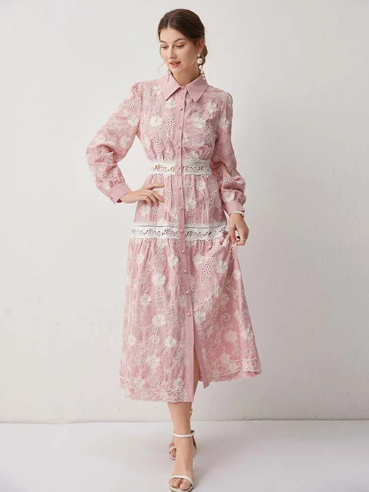 Luxury Vintage Floral embroidery shirt dress Women's 2025 New Elegant Long sleeve lace patchwork Midi dresses Beach INKEO 5D134