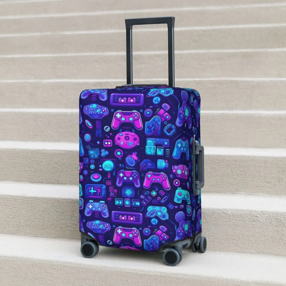 Video Game Controller Suitcase Cover Neon Outrun Synthwave Pattern Cruise Trip Vacation Elastic Luggage Case Protector