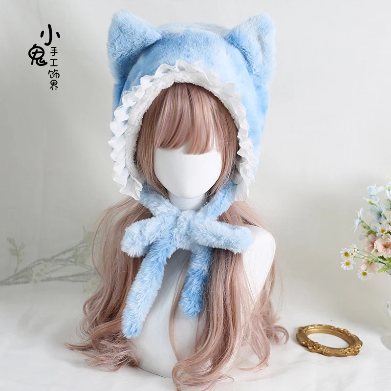 Three Flower Cat Ears Cute Lace Autumn and Winter Ushanka Lolita Plush Tabby Cat Lolita Earflaps Head-Wrapping Hat