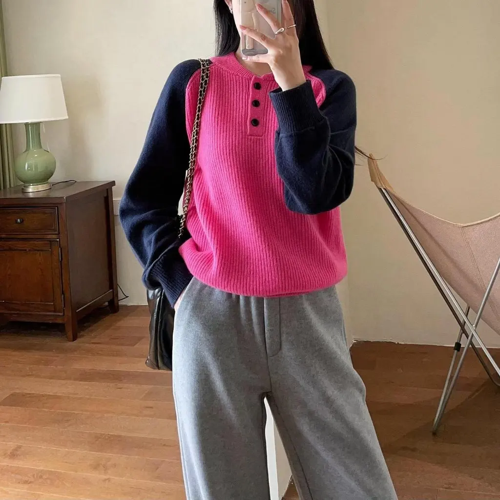 

Women's Soft Waxy Skin-Friendly 100% Wool Contrast Raglan Sleeve Pullover Sweater Loose Half-Placket Autumn Winter F110918