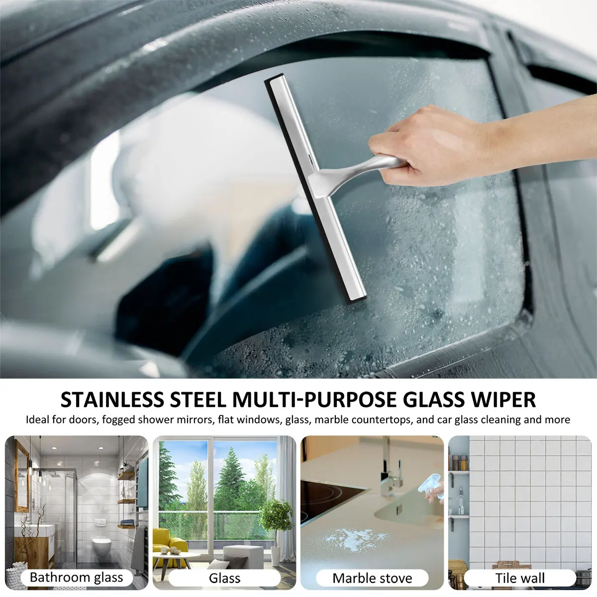 Stainless Steel Shower Squeegee with Suction Cup Window Glass Squeegee Multi-Purpose Cleaning Tool for Bathroom Kitchen Car