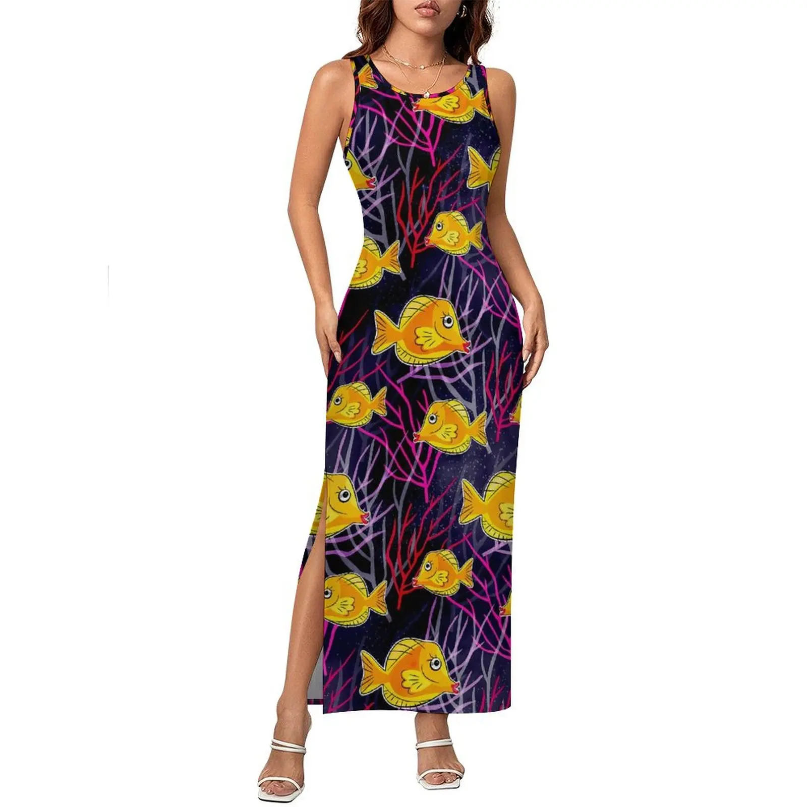 Women Bodycon Dress Vintage Sea Fish in The Ocean Maxi Dresses Spring Yellow Tang Sleeveless Streetwear Graphic Dress 3XL 4XL