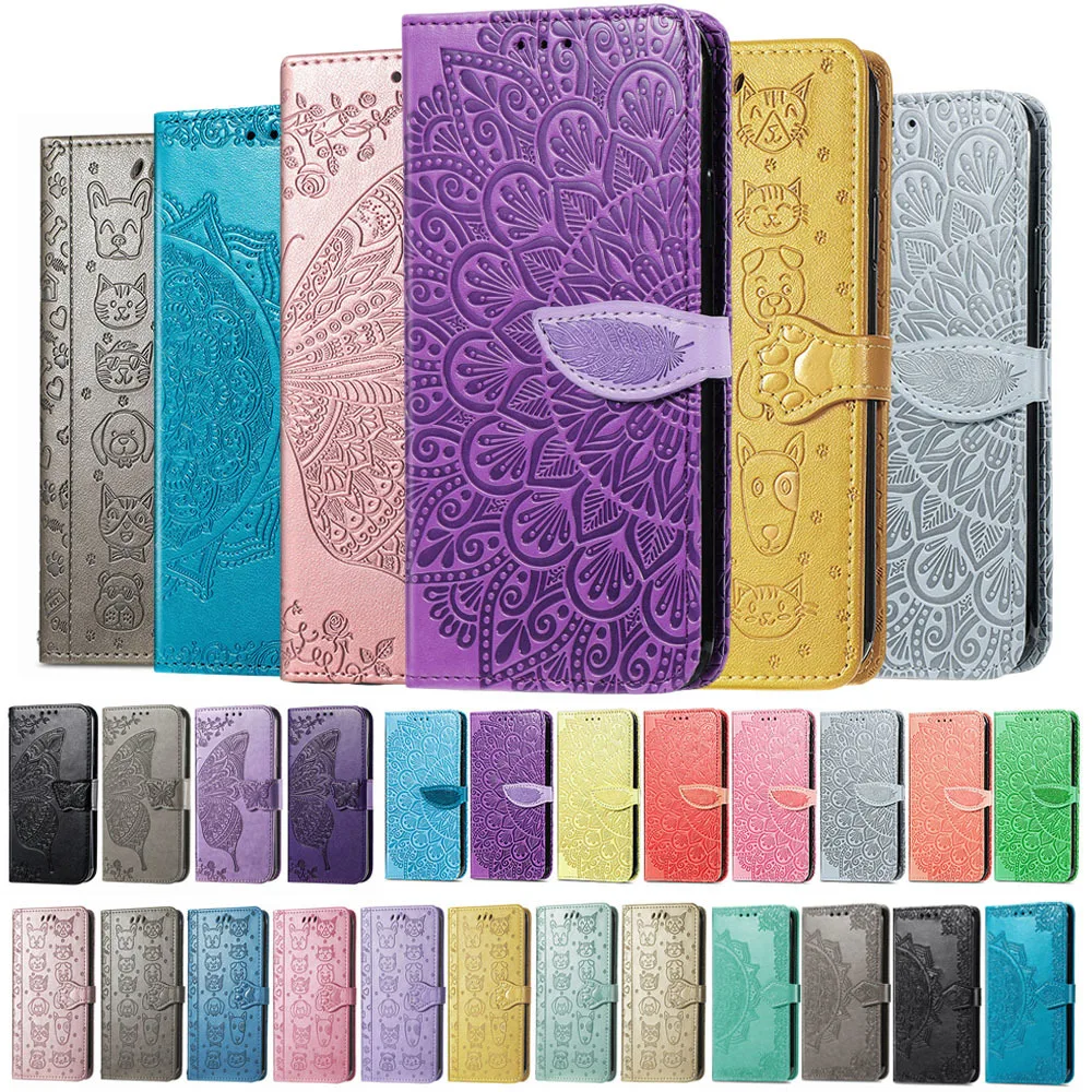 Flip Leather Case For Vivo Y70 Y70S 70T Y73S Y73T Y74S Card Wallet Phone Book Cover Cat Dog Mandala Leaf Embossing Housing Stand