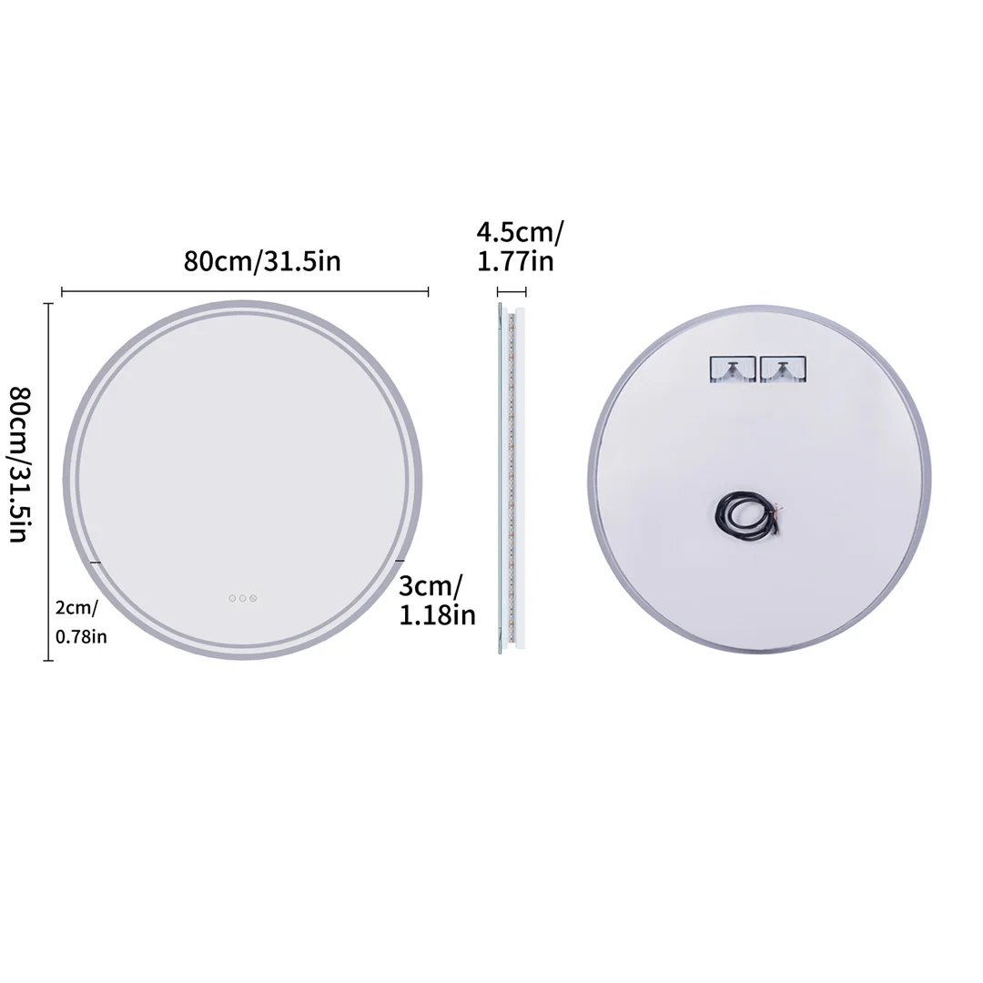 LUVODI 80cm Round Bathroom Mirror with Intelligent Illuminate Touch Screen Dimmable Anti-Fog LED Light for Bathroom