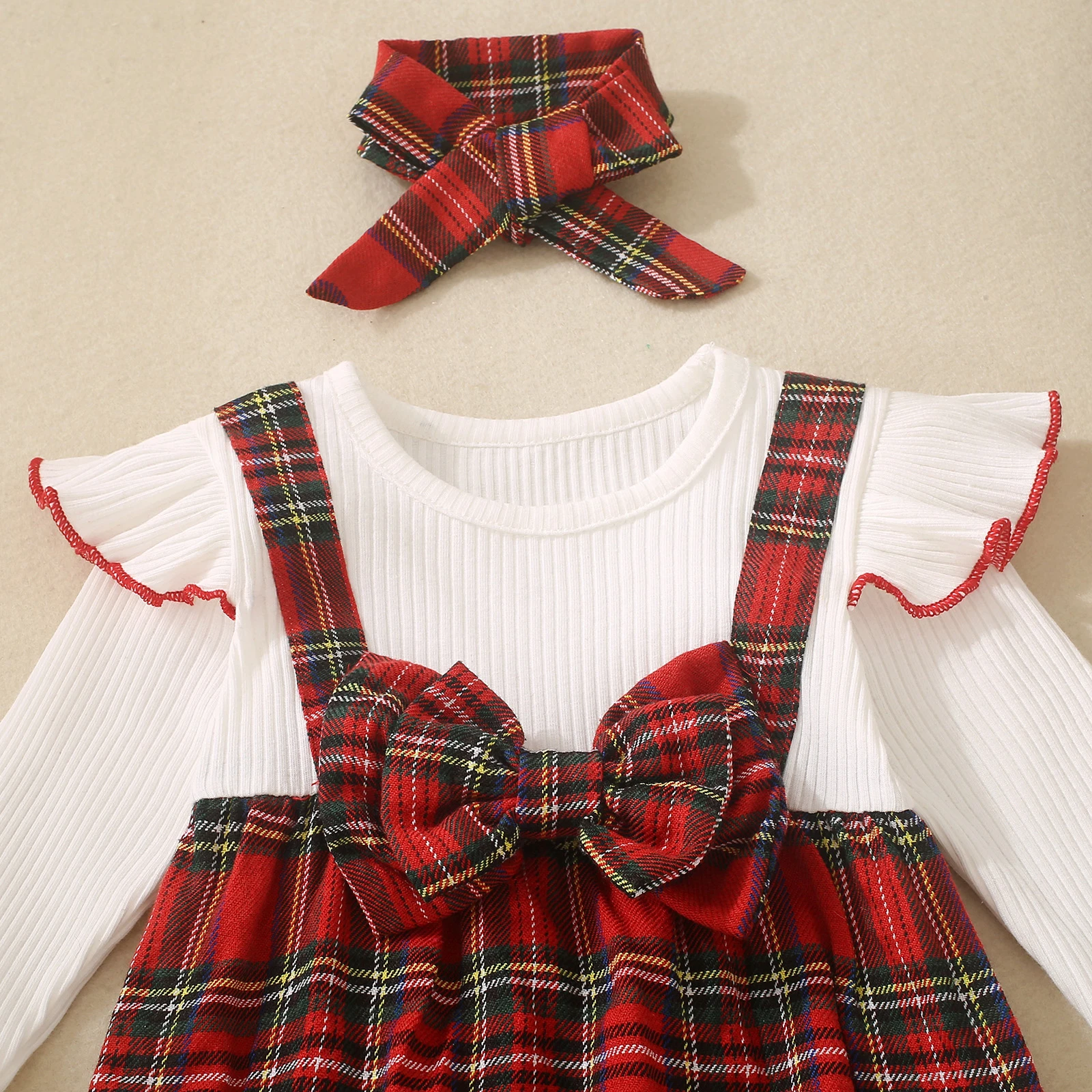 

Baby Girl Fall Outfit Plaid Fake Two-Piece Ruffle Long Sleeve Romper and Bow Headband 2 Piece Sets