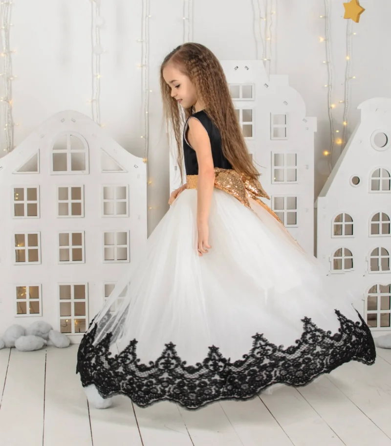 Black Lace White Tulle Flower Girl Dress Birthday Gown with Gold Ribbon Elegant Dress Photoshoot Dress Formal Gown