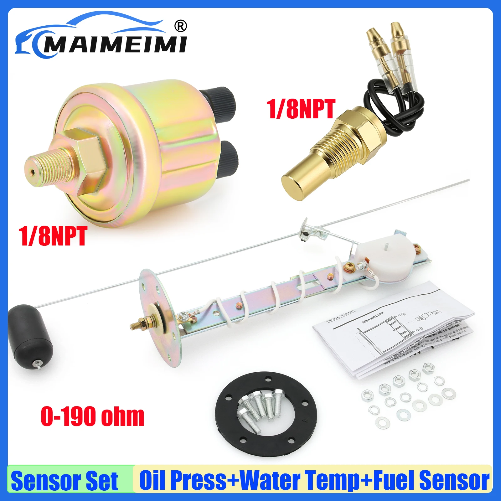 

MAIMEIMI 3PCS Sensor Set Oil Pressure Sensor 1/8NPT, Water Temperature Sensor 1/8NPT, Fuel Level Sensor 0-190ohm for Car Boat