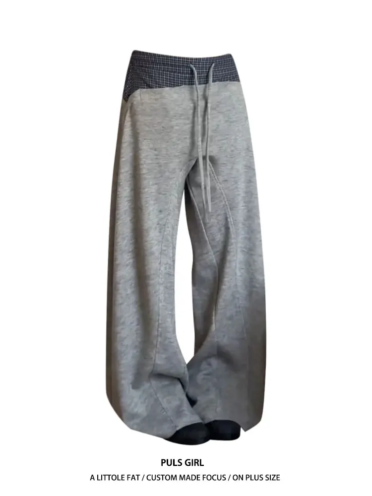 

Loose Women's Casual Pants High Waist Patchwork Plaid Wide Leg Sweatpants Vintage American Style plus Size Versatile Drapey