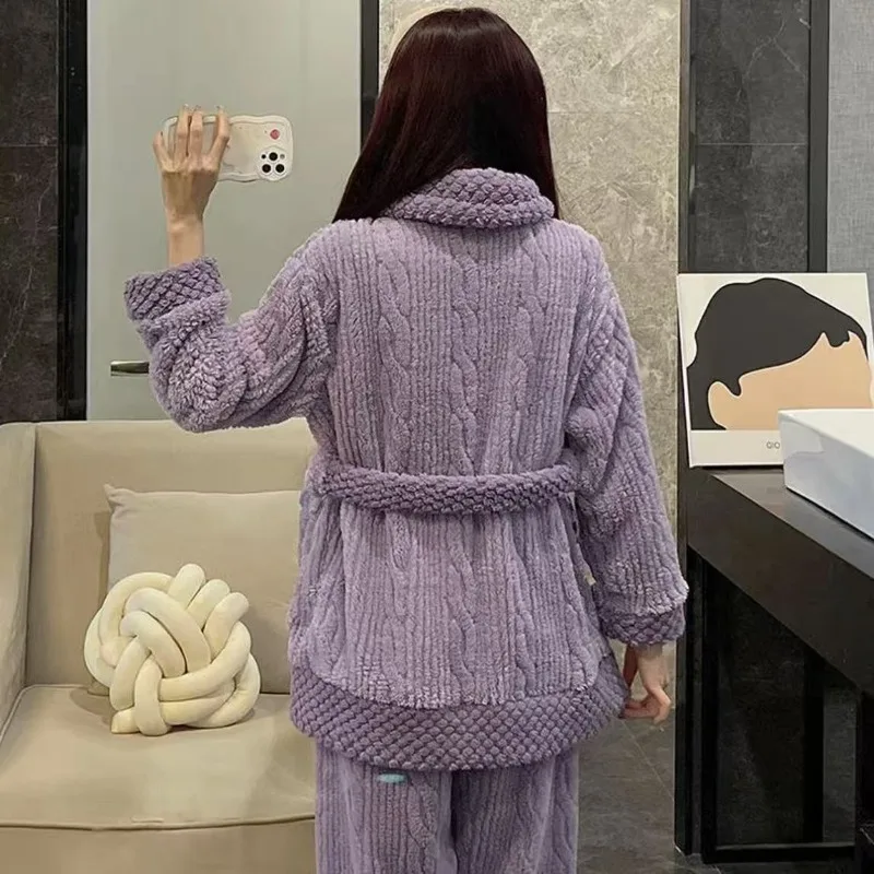 Pajama Women's Autumn and Winter Coral Fleece Tie Flannel Purple High Appearance Level and Elegant  New Style Warm Home Wear Set