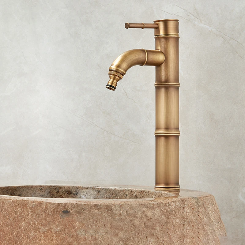 Vintage Tap Basin Faucets Antique Brass Bamboo High Arch Bathroom Sink Faucet Singhle Handle Hot Cold Mixer Taps 855B612F