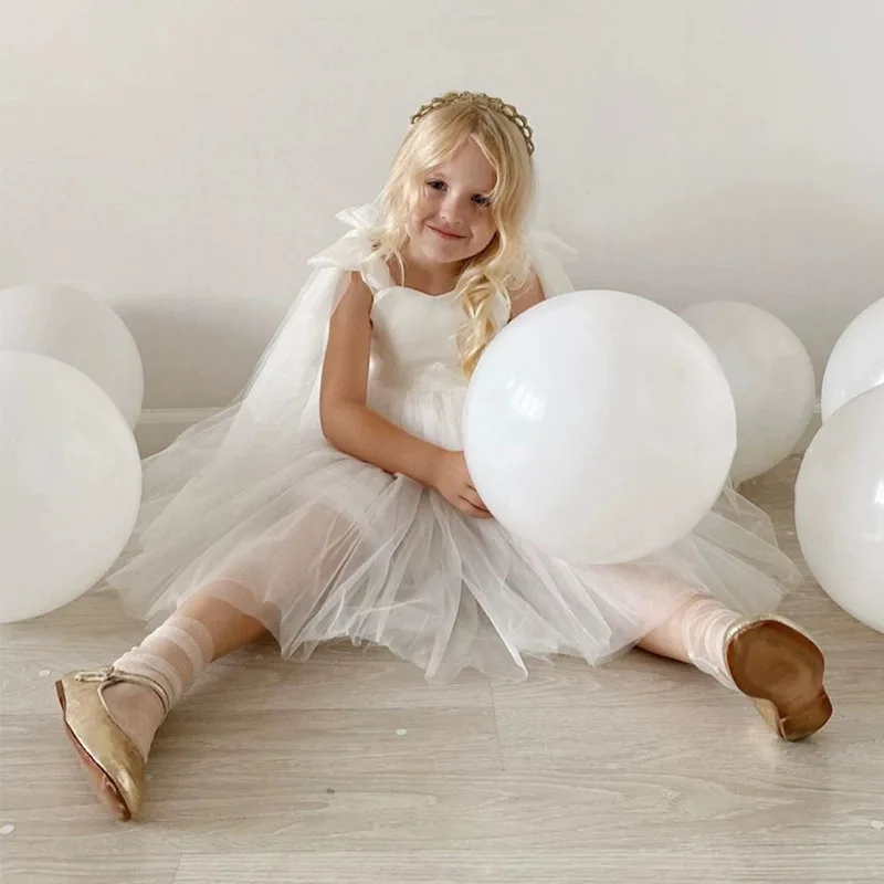 Solid Puffy Tutu Dress Baby Girl Formal Princess Birthday Party Gowns White Mesh Knee Length Elegant Vestidos Children Clothing