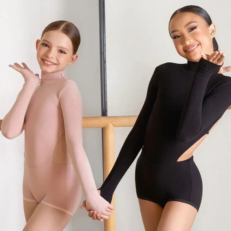 

ZYM Latin Dance Tops Girls Backless Long Sleeves Leotards Kids Latin Dance Clothes Rumba Ballroom Dance Practice Tops