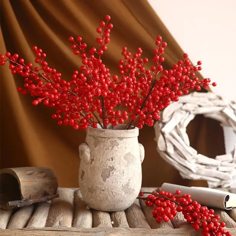 1pc Artificial Red with Stem 6 Branches Holly Berries Fake Flower Fruit for Xmas Spring Festival Arrangement Vase