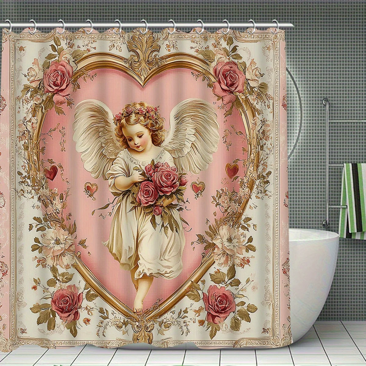 1pc Shower Curtain - Vintage Angel with Roses in Heart Frame Design Waterproof