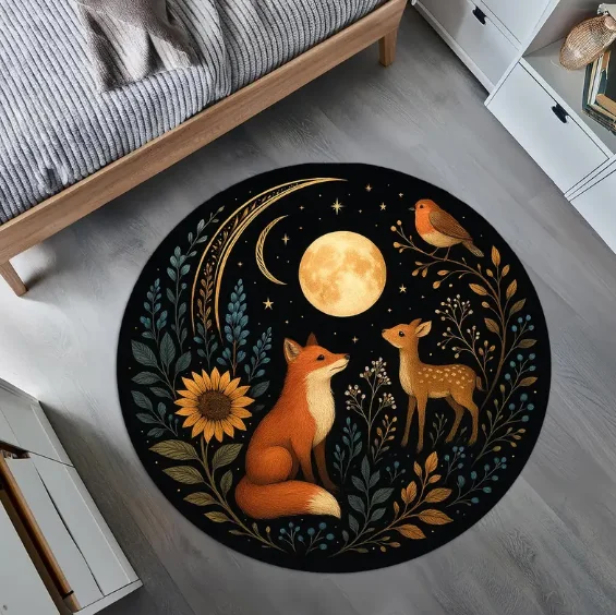 

Night Forest Rug with Owl Rabbit Round Rug Mystical Celestial Moon Carpet for Nature Lovers Kids Room or Magical Woodland Decor