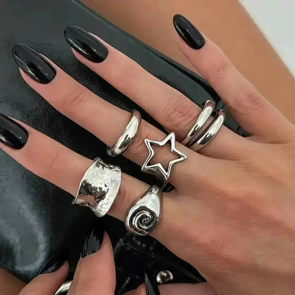 IngeSight.Z 8 Pcs/set 2026 New Fashion Punk Hollow Stars Metal Rings Women Trendy Adjustable Couple Opening Rings Party Jewelry