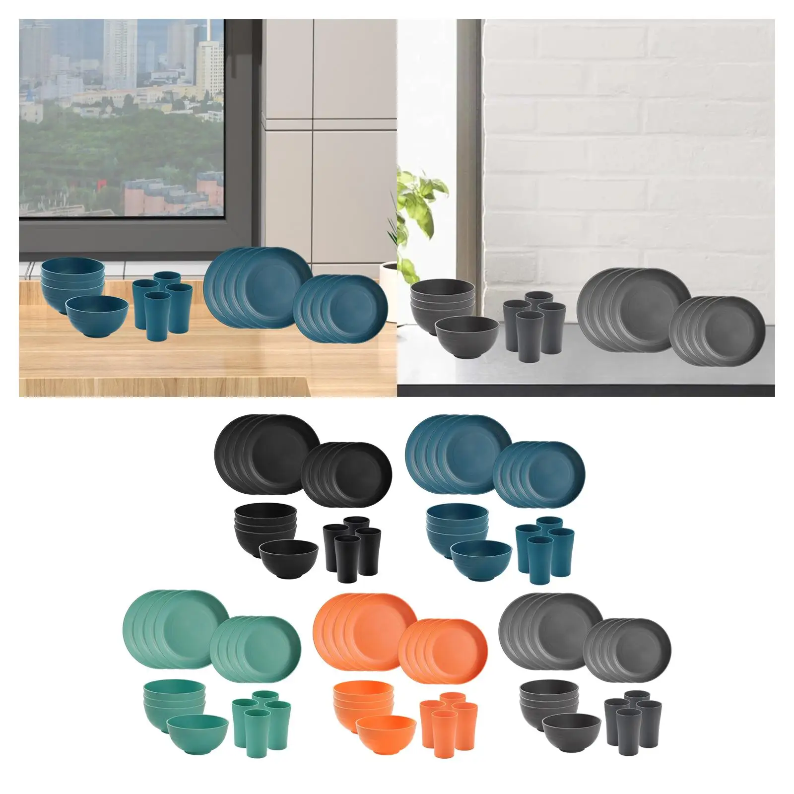 

Наборы столовой посуды, круглые для 4-х пшеничных соломы, полипропиленовые минималистичные блюда, обеденные тарелки, чашки для воды для домашней кухни, кемпинга, вечеринки