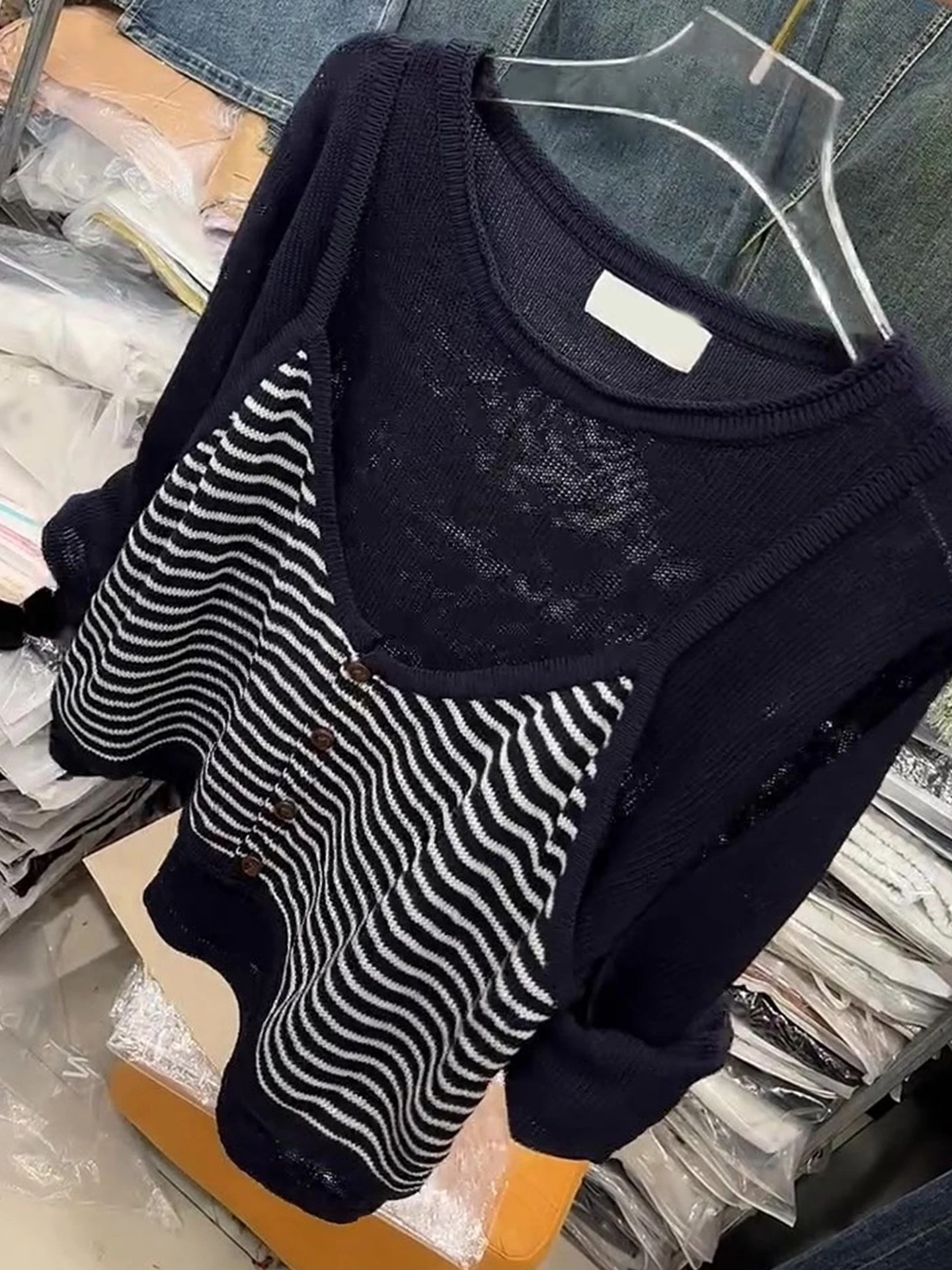 Faionable اللون بلو محبوك تصميم عصري الكورية Sle طويل Sve طاقم Ne وهمية قطعتين قاعدة irt الخريف 2025 #4