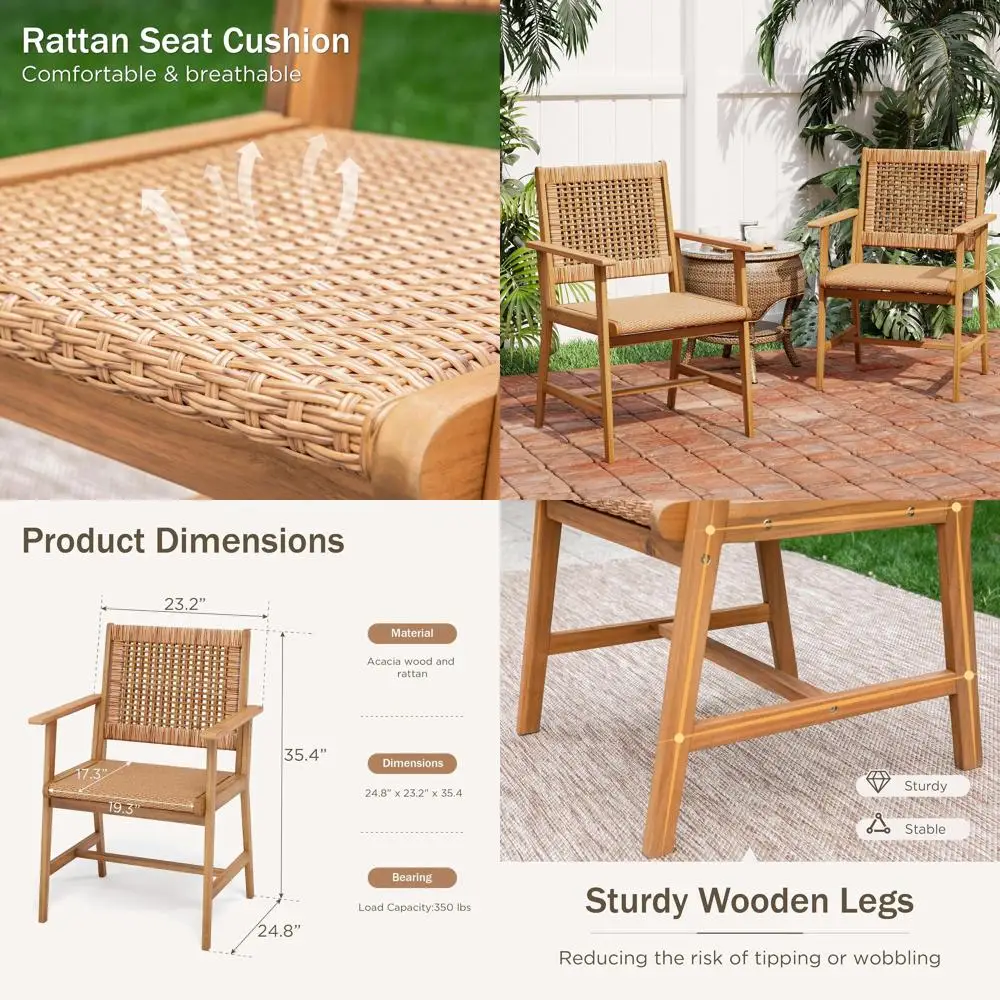 2-Piece Acacia Wood Dining Chairs Set with Wicker Backrests, Teak-Style Outdoor Patio Furniture for Garden and Balcony