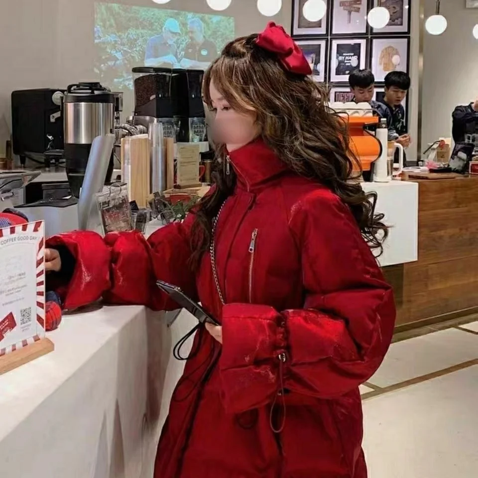 

Зимняя утепленная красная куртка средней длины с завязками на талии, утягивающая фигуру, в гонконгском стиле, из хлопка, верхняя одежда, корейская версия