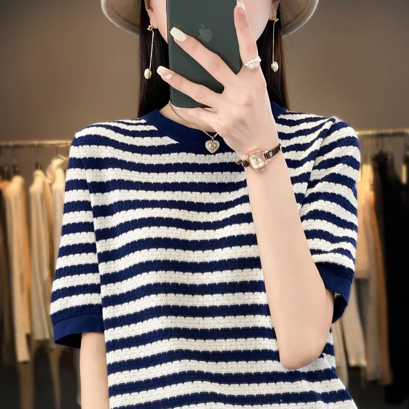 Women's Cotton Knitwear Short Sleeve Striped T-Shirt Korean Design Spring Summer Casual Style Comfortable Fit round Neck Top