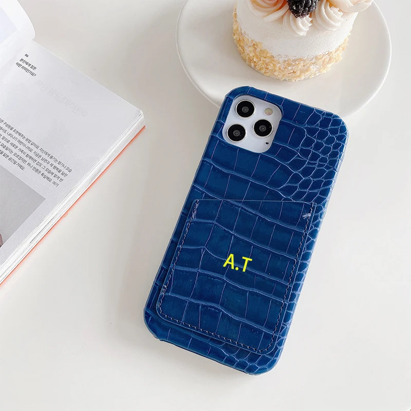 Customized Leather Phone Case with Card Holder Initials Name Letter Crocodile Pattern iPhone17 16 11 12 13 14 15Pro Max 16Plus
