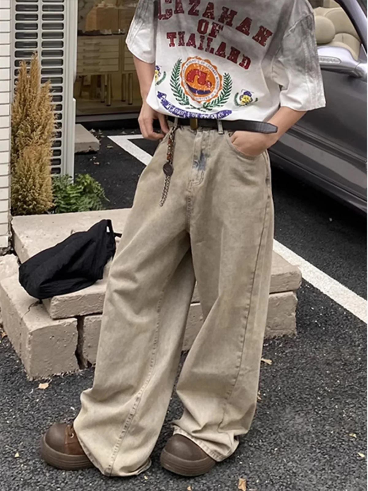 الرجعية الأمريكية Waed شارع العليا الطين اللون الجينز الرجال النساء فضفاض مستقيم الساق السراويل عارضة الشباب الاتجاه الخريف الموسم