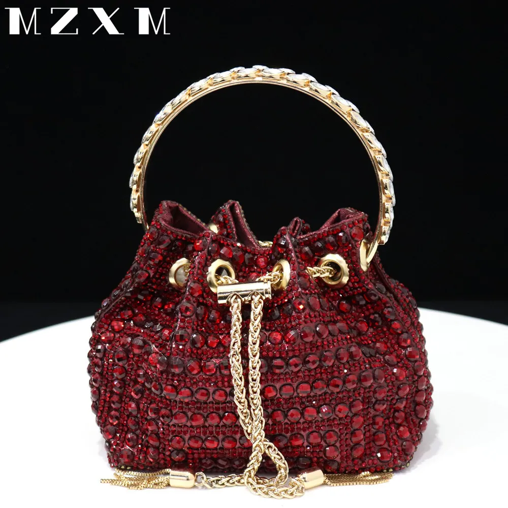 Rhinestones Women Evening Bags Bucket Design Party Day Clutch Soft Mixed Color Handle Design Handbags Purse Mature