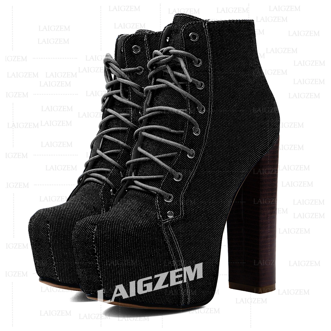 LAIGZEM Women Ankle Boots Platform Denim Thick High Heels Lace Up Short Boots Handmade Shoes Woman Large Size 39 42 47 50 52