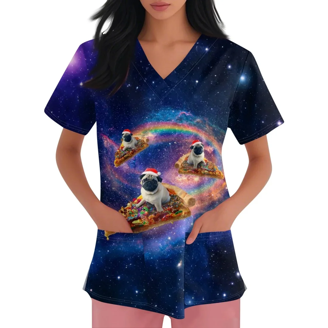 Uniforme clínico mulher rena papai noel impressão natal com decote em v esfrega mulher moda manga curta uniformes cirúrgicos mulher topo