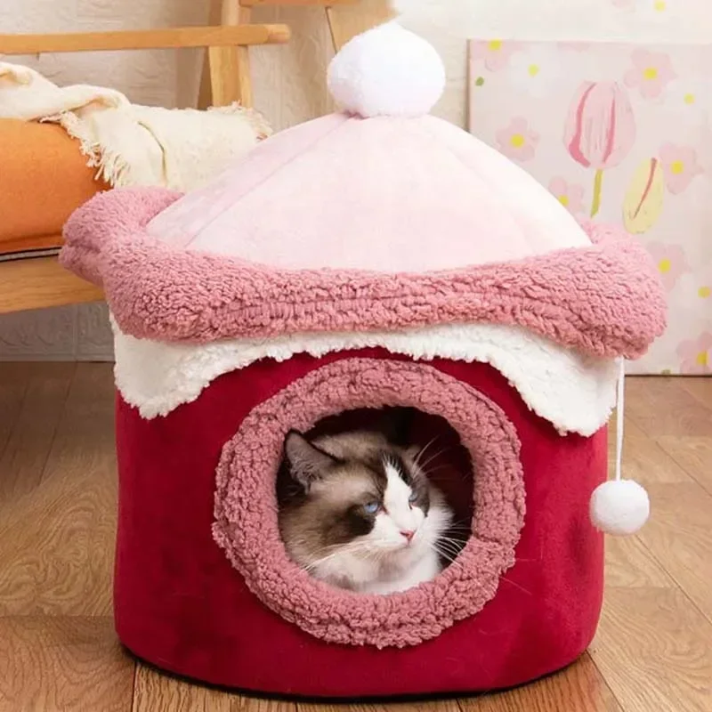 Warm Winter Cat Dog House Deep Sleep Pet Nest Geometric Ice Cream House Fun Comfort Nest for Small Medium Cat Dogs Pet Supplies