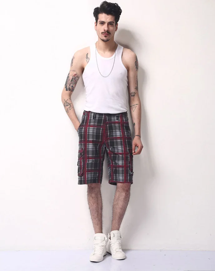 New Summer Cotton Plaid Cargo Shorts Mens Multi Pocket Short Pants Male Beach Shorts High Quality Casual Shorts Size 29-38