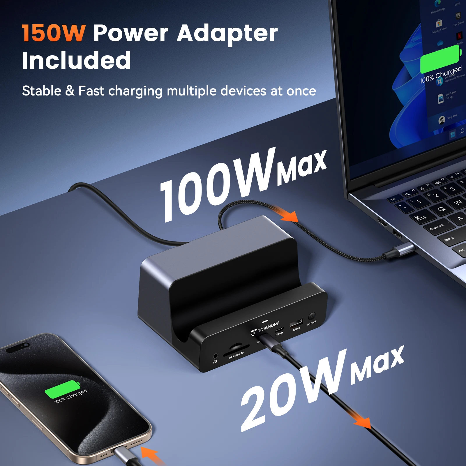 TobenONE USB C Laptop Docking Station Stand with 150W Power Supply 2.5Gbps Ethernet, 2 HDMI & DisplayPort, 8 USB, for Windows