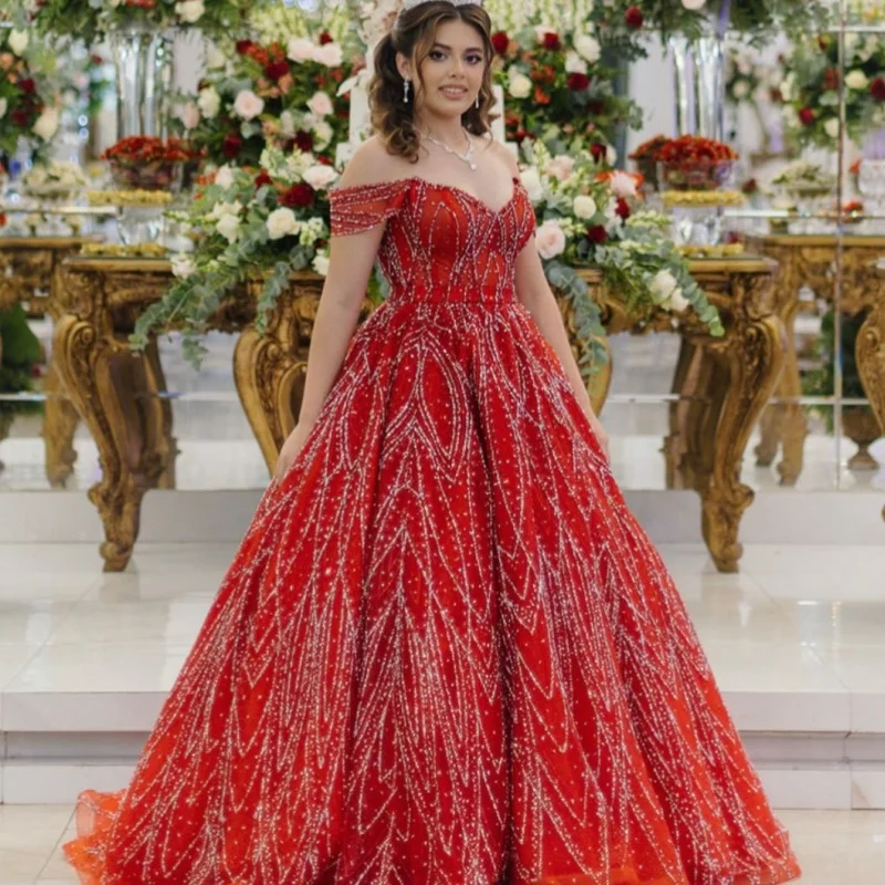 

Shiny Red Quinceanera Dresses Off the Shoulder Glitter Decal Long tail Vestidoe 15 Quinceanera Customize