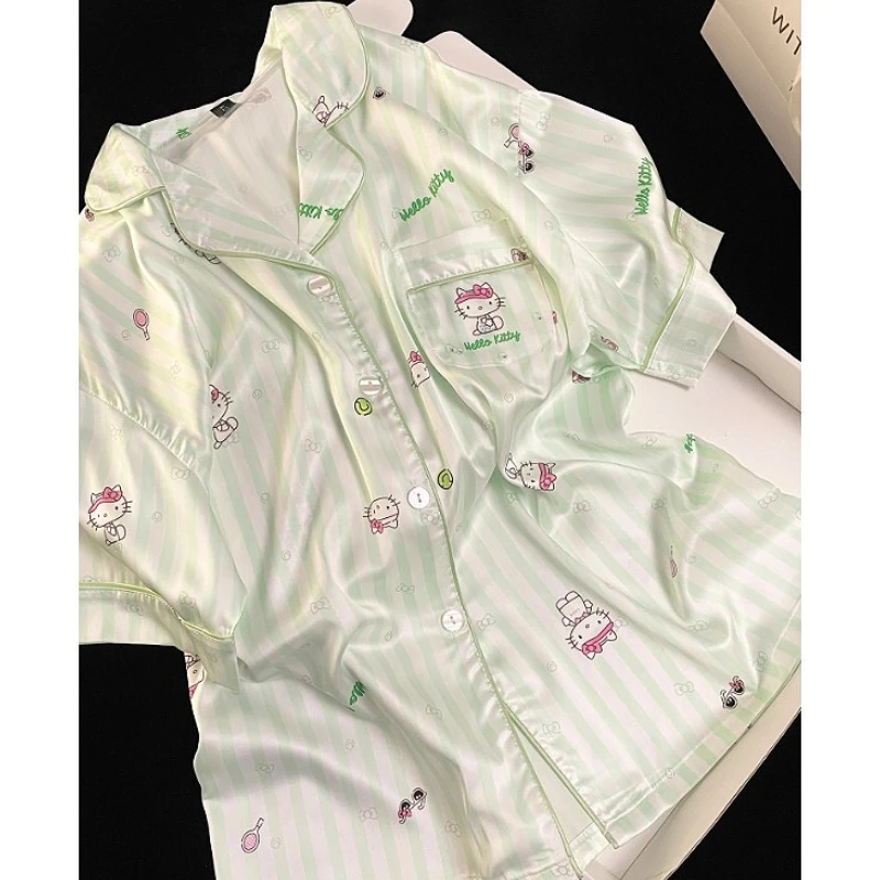 

Cute Hello Kitty Girls Summer Pajama Sets with Bra Pads Ice Silk Female Nightgown Striped Short Sleeve Short Pants Homewear Set