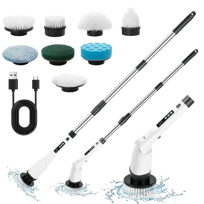 

Cordless Electric Spin Scrubber Waterproof Cleaning Brush Detachable Adjustable Long Handle with 8 Replaceable Brush Heads