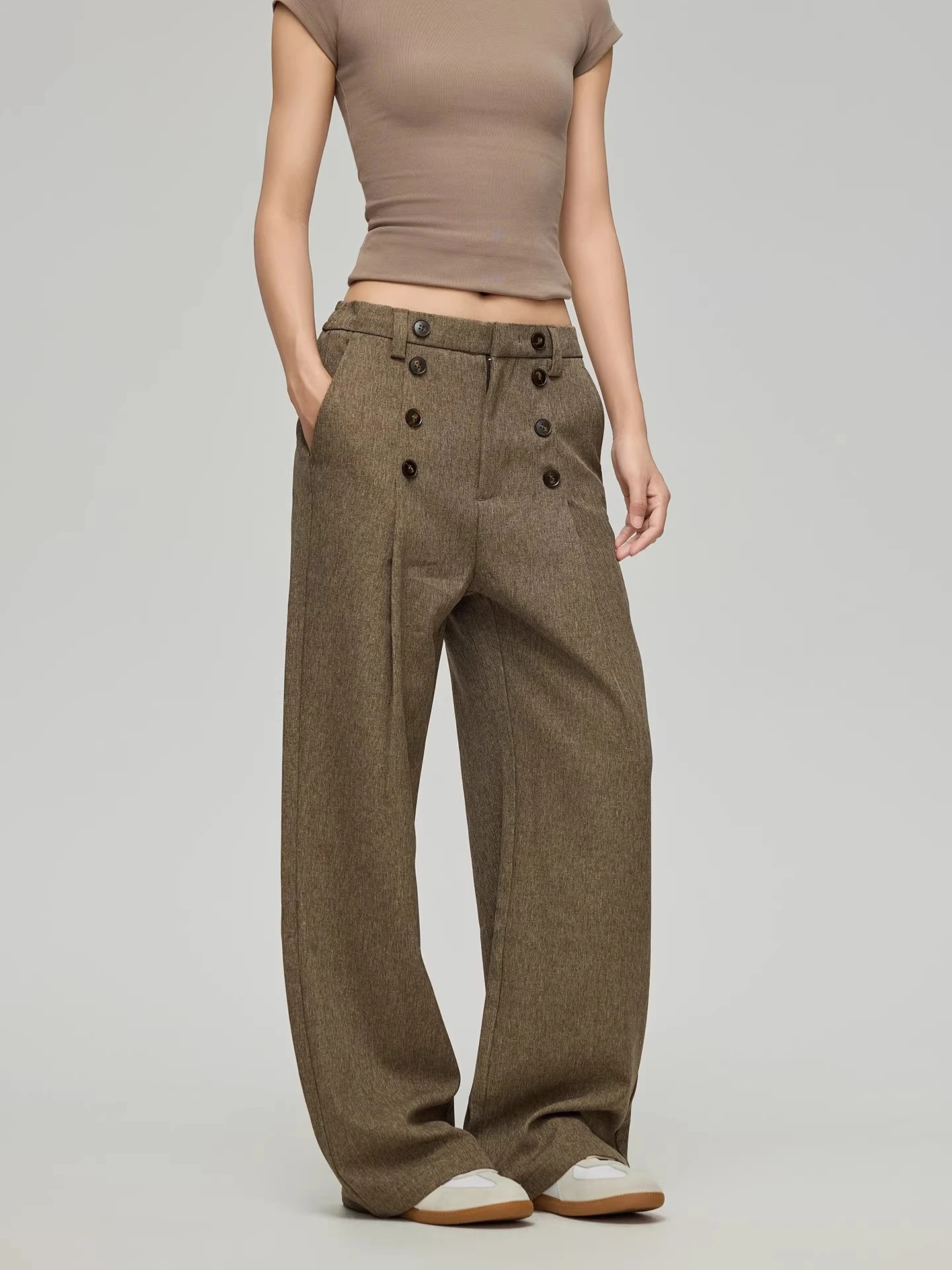 Calças Casuais de Corte Reto com Pernas Largas para Mulheres, Calças de Terno Sem Necessidade de Passar, Com Botões Duplos Decorativos, Estilo Old Money, Calças de Lazer