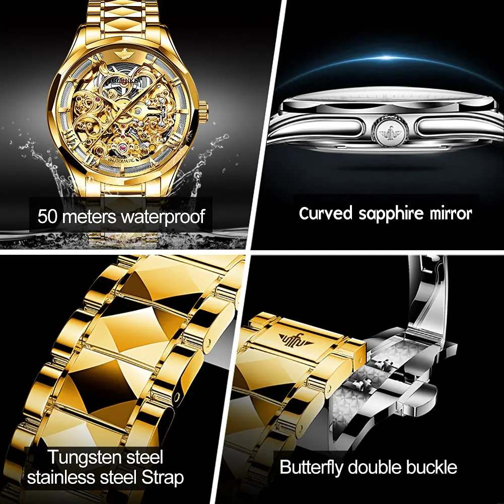 OUPINKE Original Automatic Men\'s Luxury Watch Mechanical Waterproof Skeleton Wristwatches Sapphire Crystal Tungsten Steel Clock