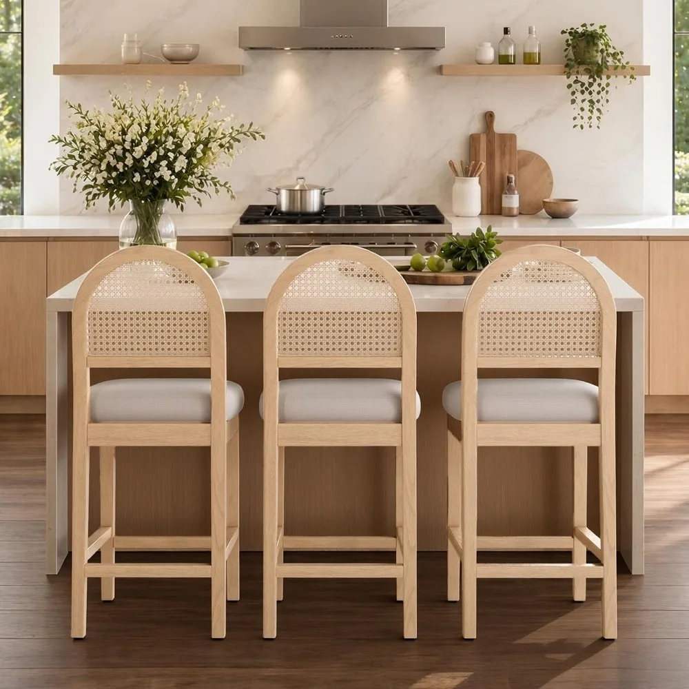 

Farmhouse Rattan Counter Height Bar Stools Set of 3, Chenille Upholstered Barstools with Solid Wood Frame & Legs, Customized