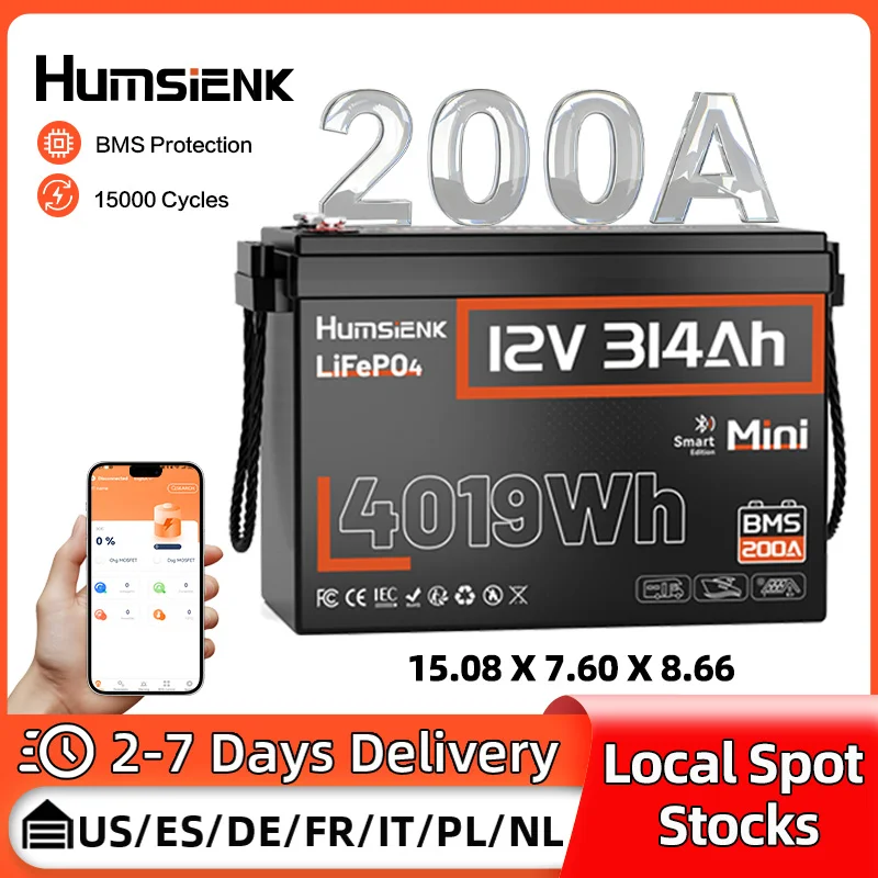 

Аккумулятор Humsienk 12V 300Ah LiFePO4 с Bluetooth и BMS 200A для автодомов, фургонов, кемпинга, домашнего хранения, литий-железо-фосфатный аккумулятор