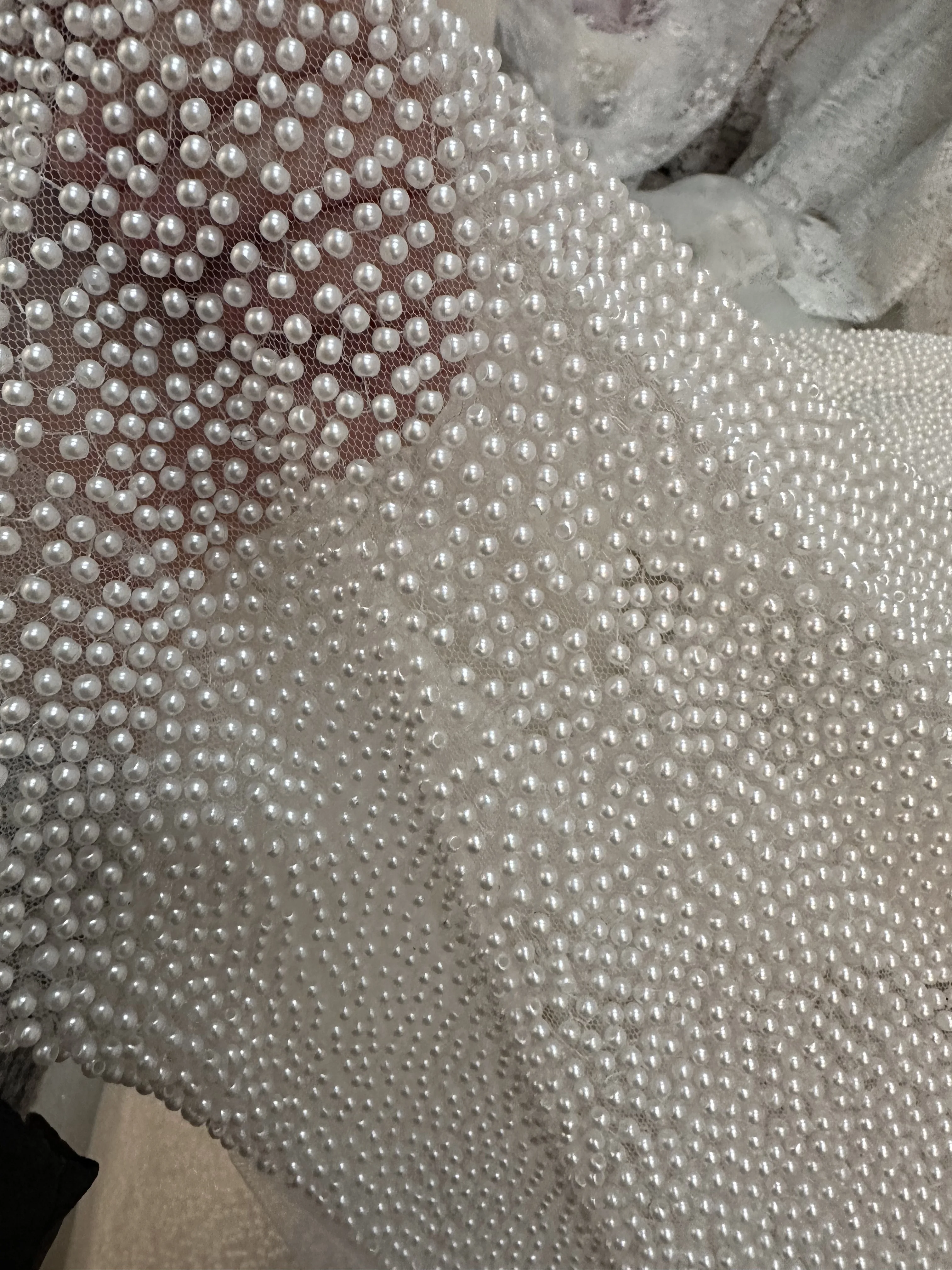 New Transparent Mesh Round White Beading Fabric Full Pearl Lace French Tulle Fabric For Wedding Party Dress Sewing DIY