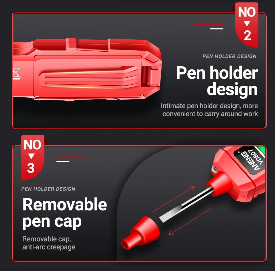ANENG VD807 NCV Spannungsprüfer-Stift 12-300V AC Kontakt- & Berührungsloser Neutralleiter-Detektor LED-Taschenlampe Elektriker-Werkzeug – Detail 16