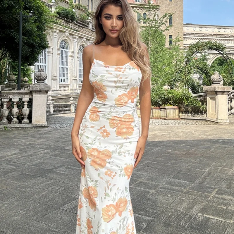 Summer Sleeveless Sexy Print Women Evening Dress Fashion Elegant Long Dresses Backless Slim FIt Clothing