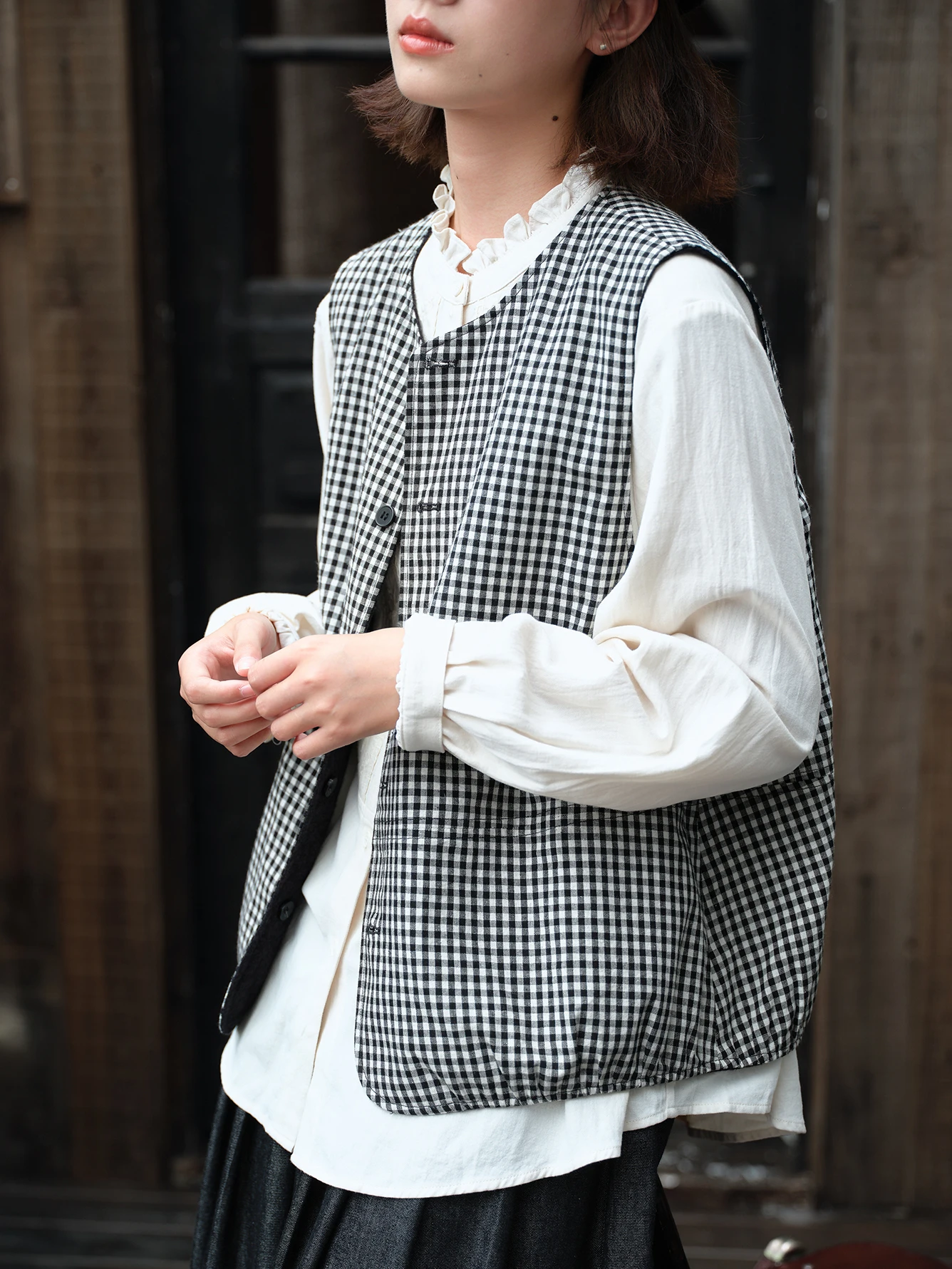 Original Two-Way Wear Cotton Blend Knit Plaid Vest Women's Loose Sleeveless Cardigan Style Autumn Fashion Outerwear